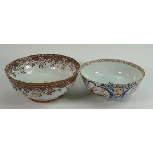 376 - Two very large Chinese bowls: The smaller with a single small hairline the larger reglued with damag... 