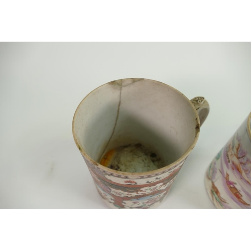 377 - Three Chinese export ware mugs: The mug with boating scene is generally good with tiny chip and crac... 