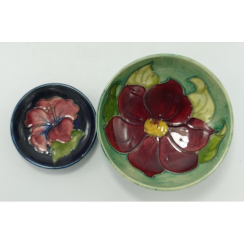 446 - Moorcroft Hibiscus on Blue Ground small Dish & Anemone patterned footed dish: largest diameter 11.5c... 