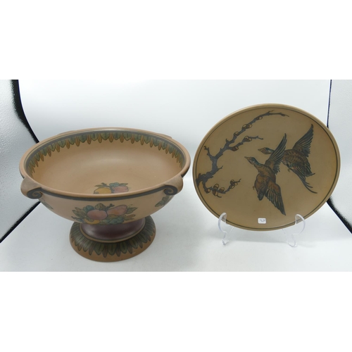 457c - Hjorth Denmark Mid Century Footed Bowl & Wall Plaque: diameter of bowl 25cm(2)