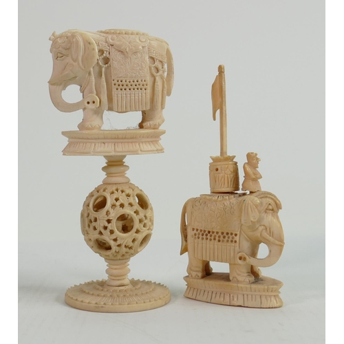 595 - Two 19th Century Indian Carved Ivory Elephant theme Chess pieces: taller item noted without flag, he... 