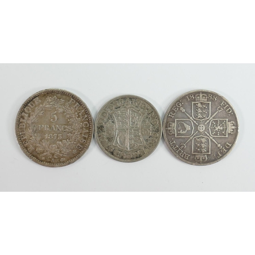 643 - 1888 silver crown, 1940 half crown: and 1873 5 franc piece, overall weight 61g. (3)