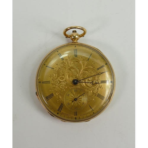 745 - 18ct gold cased mid size pocket watch: Case & movement marked Hawleys London.  Inner dust cover base... 