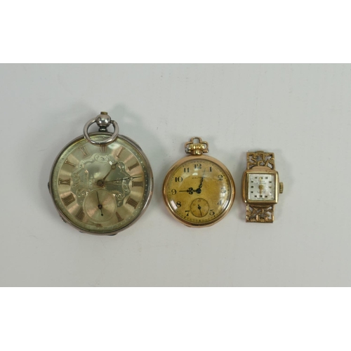 746 - 2 x 9ct gold watches and a silver pocket watch: Waltham 10k gold pocket watch, not working, repair t... 