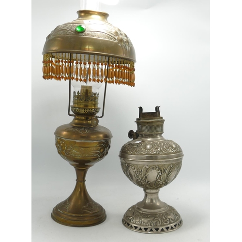 775 - Brass Oil Lamp & Shade: together with similar base(2)