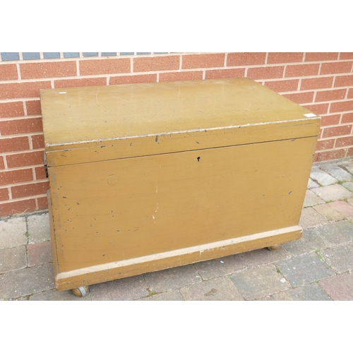 782 - Large Painted Pine Blanket Box: on later set of wheels