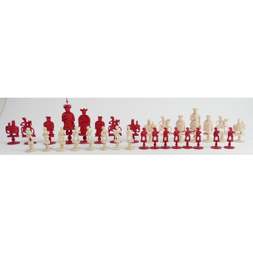 596 - 19th / Early 20th Century Carved Ivory Chess set: White Queen missing,  height of king 9cm