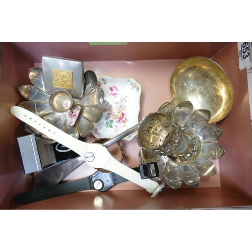 653 - Interesting job lot collection silver plate Derby swatch watches etc: Large antique plated ladle, 2 ... 