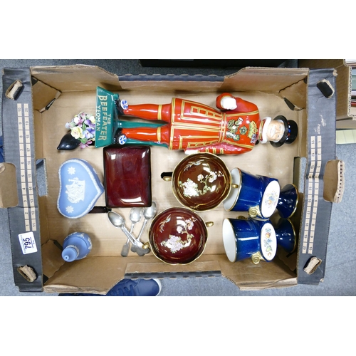 795 - A mixed collection of items to include: Damaged Carltonware Beefeater Gin advertising figure, simila... 