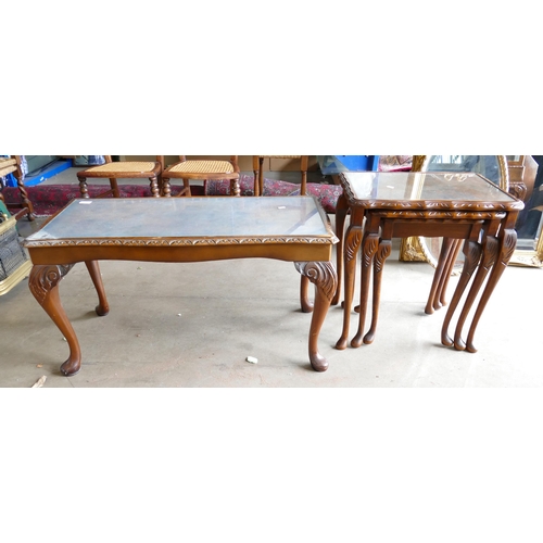 780e - Glass Topped Carved Nest of 3 tables: together with similar larger table