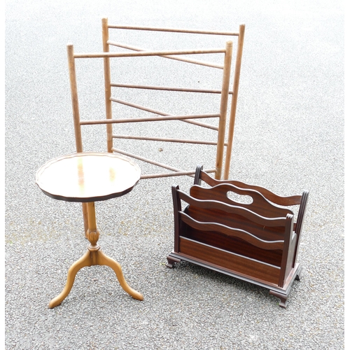 780h - A collection of items to include: early pine laundry stand, later magazine rack & small table(3)