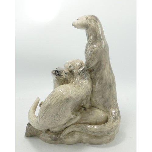 41 - Peggy Davies large figure group of Three Otters: Gold signed to base, height 27cm