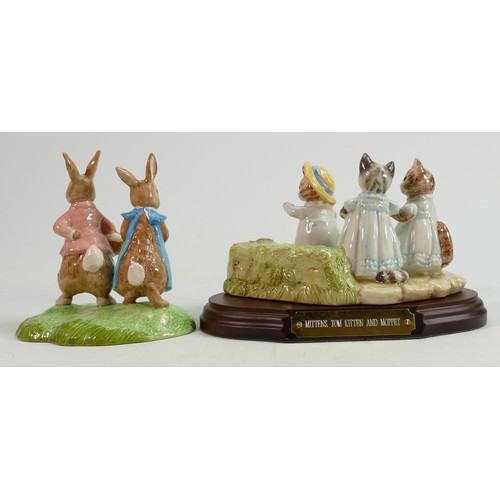 74 - Beswick Beatrix Potter tableau figures: Mittens, Tom Kitten & Moppet (with wooden plinth) & John Bes... 