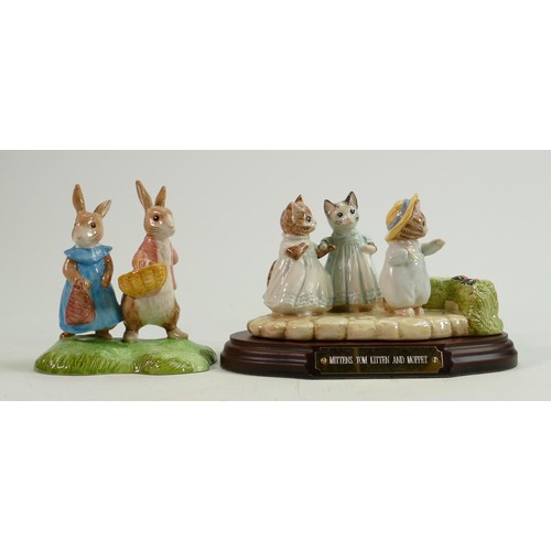 74 - Beswick Beatrix Potter tableau figures: Mittens, Tom Kitten & Moppet (with wooden plinth) & John Bes... 