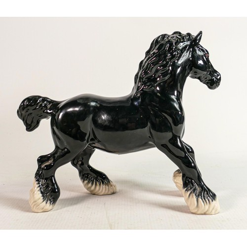 165 - Beswick black cantering Shire horse 975: BCC special with gold stamp.