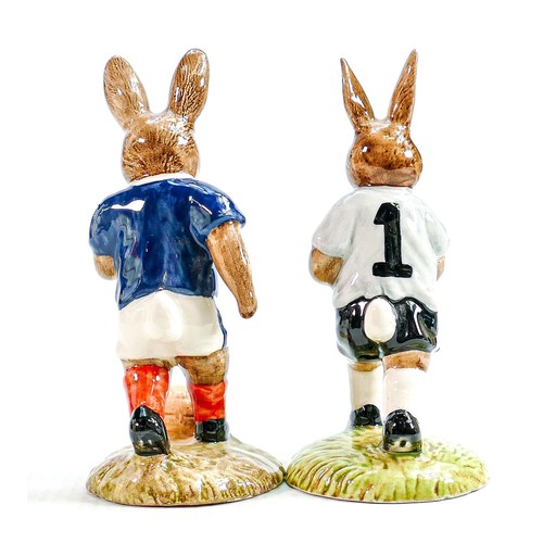 182 - Royal Doulton Bunnykins pair of footballer figures:
Comprising Goalkeeper DB122 and Soccer Player DB... 