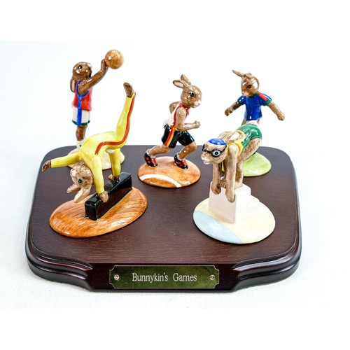 189 - Royal Doulton Bunnykins set of Olympic games figures: Comprising Swimmer DB206, Basketball DB208, Gy... 