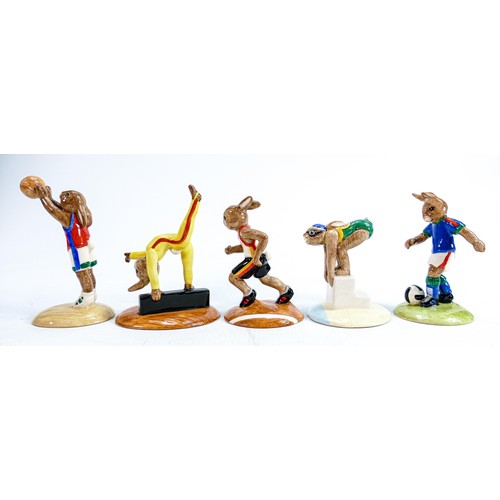 189 - Royal Doulton Bunnykins set of Olympic games figures: Comprising Swimmer DB206, Basketball DB208, Gy... 