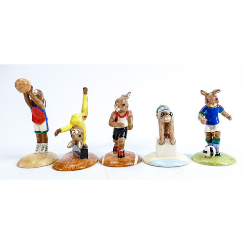 189 - Royal Doulton Bunnykins set of Olympic games figures: Comprising Swimmer DB206, Basketball DB208, Gy... 