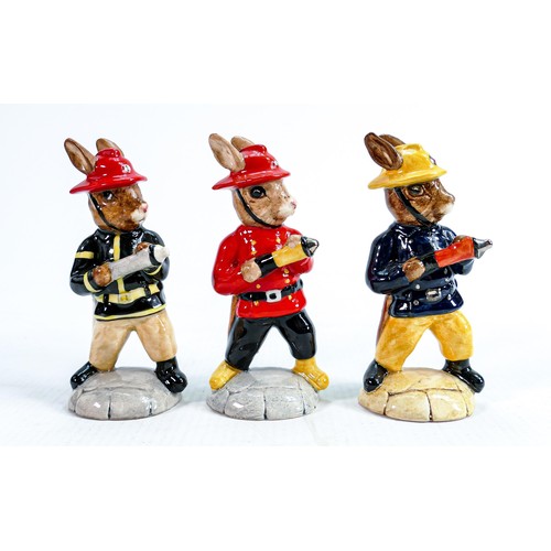 201 - Three Royal Doulton Bunnykins figures: The Fireman DB183 USA limited edition colourway together with... 