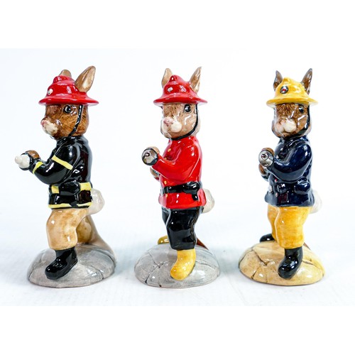 201 - Three Royal Doulton Bunnykins figures: The Fireman DB183 USA limited edition colourway together with... 