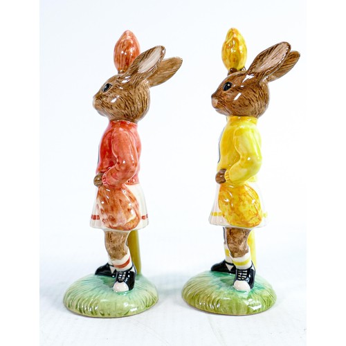 208 - Two Royal Doulton Bunnykins Cheerleaders figures:
References DB142 and DB143 both UKI limited editio... 