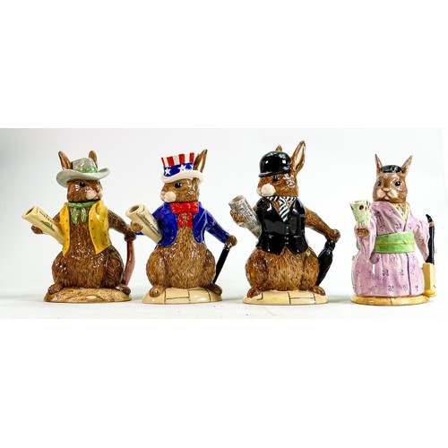 211 - Four Royal Doulton Bunnykins character teapots:
USA President D6996, Geisha D7126, Aussie Explorer D... 