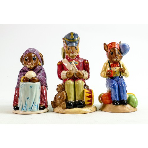 212 - Royal Doulton Bunnykins jugs to include:
Partytime D7160, Fortune Teller D7156 and Toy Soldier D7185... 