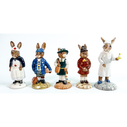 227 - Royal Doulton Bunnykins figures to include: Shopper DB233, Paperboy DB77, Playtime DB80, Schoolboy D... 