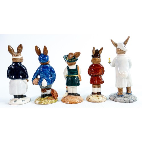 227 - Royal Doulton Bunnykins figures to include: Shopper DB233, Paperboy DB77, Playtime DB80, Schoolboy D... 