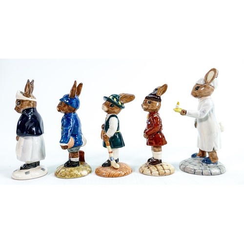 227 - Royal Doulton Bunnykins figures to include: Shopper DB233, Paperboy DB77, Playtime DB80, Schoolboy D... 