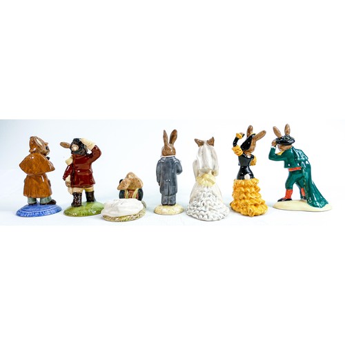 230 - Royal Doulton Bunnykins figures to include: Matador DB281, Flamenco DB256, Groom DB102, Bride DB101,... 