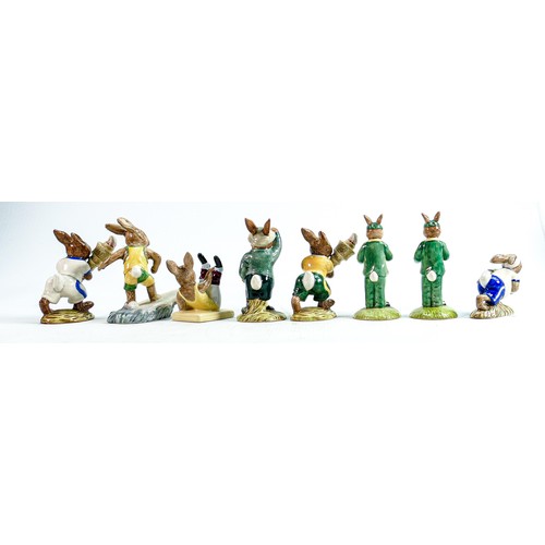 241 - Royal Doulton Bunnykins figures to include: Bogey DB32, Aussie Surfer DB133, Stopwatch DB252 x 2, Ol... 