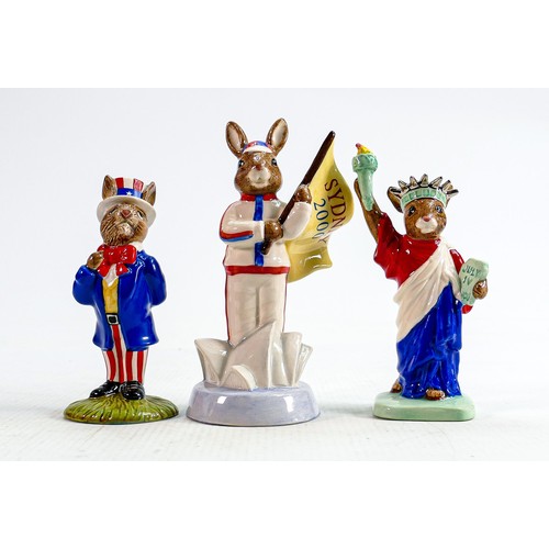 252 - Royal Doulton Bunnykins figures to include: England Athlete Sydney DB216, Uncle Sam DB50, Statue of ... 