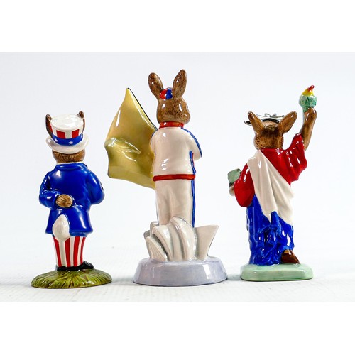 252 - Royal Doulton Bunnykins figures to include: England Athlete Sydney DB216, Uncle Sam DB50, Statue of ... 