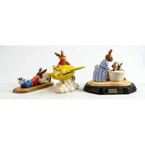 254 - Royal Doulton Bunnykins figures to include: Bath Night DB241, Chocs Away DB267 and On Line DB238