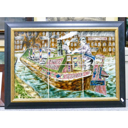 337 - Cobridge Stoneware 6 tile panel Phoenix, Canal Barge: Signed by artist & painter 52.5cm x 72.5cm