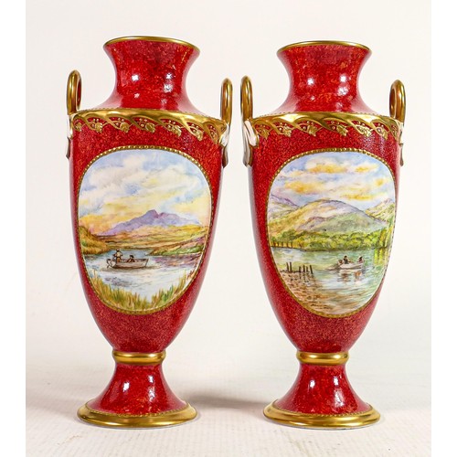 343 - Pair of Minton two handled vases, gilded & hand painted: With river landscape scenes to the front an... 