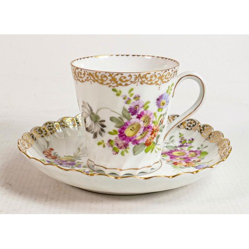 344 - Dresden floral decorated cabinet cup & saucer: Marked Dresden under glaze, height on saucer 8cm