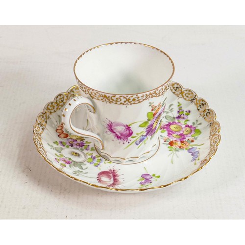 344 - Dresden floral decorated cabinet cup & saucer: Marked Dresden under glaze, height on saucer 8cm