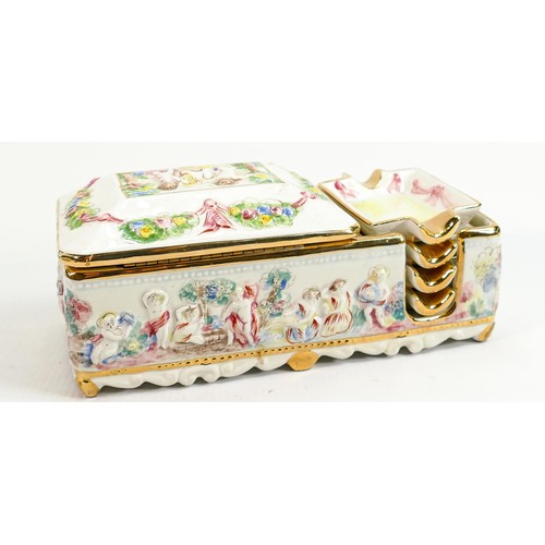 167 - Capodimonte hand decorated porcelain cigar or cigarette box with 4 ashtrays combined: Mid century, m... 