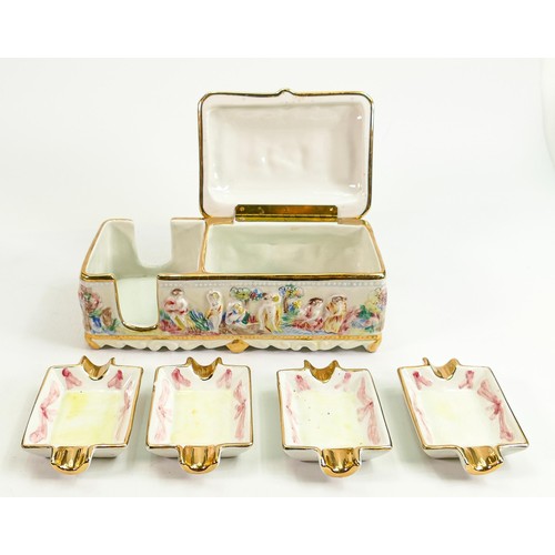 167 - Capodimonte hand decorated porcelain cigar or cigarette box with 4 ashtrays combined: Mid century, m... 