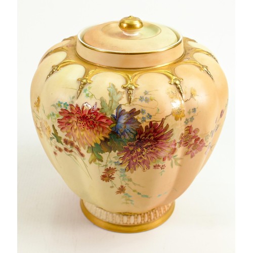 178 - Large Royal Worcester blush decorated lidded jar: Measures 20cm x 18cm wide, early 20th century.