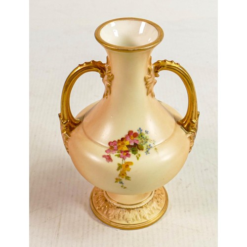 181 - Royal Worcester hand painted Blush Ivory Floral design twin handled vase : Puce backstamp, height 14... 