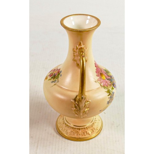 181 - Royal Worcester hand painted Blush Ivory Floral design twin handled vase : Puce backstamp, height 14... 