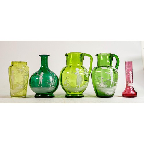 896 - Mary Gregory type glass items to include: Water jugs, spill vase & vases, tallest 15.5cm (5)