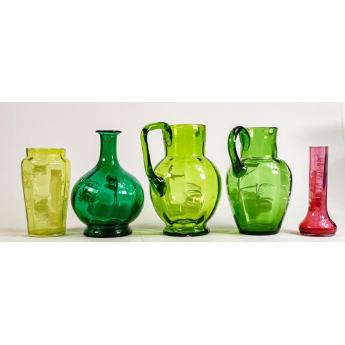 896 - Mary Gregory type glass items to include: Water jugs, spill vase & vases, tallest 15.5cm (5)