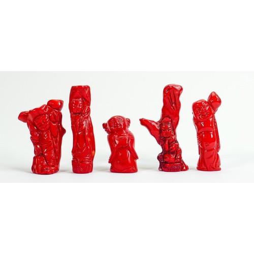 904 - Group of five carved Oriental theme Coral figures: Tallest 9cm ref 130