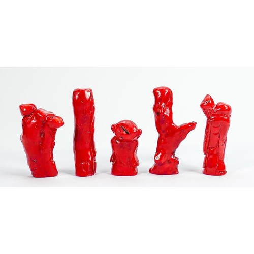 904 - Group of five carved Oriental theme Coral figures: Tallest 9cm ref 130