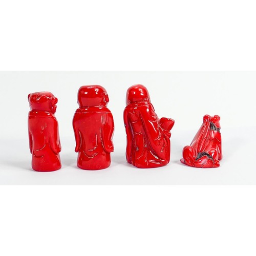 903 - Group of four carved Oriental theme Coral figures: Tallest 4.9cm ref 212 split